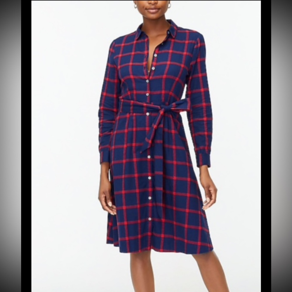 J CREW Tie Shirt Dress Plaid Flannel Navy Blue Red Button Down Belt Sz 2